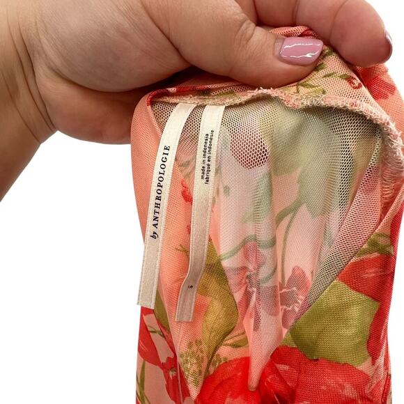 Anthropologie Half-Sleeve Mesh Top Tee Floral Print Peach Pink Red Size Small - Picture 8 of 12